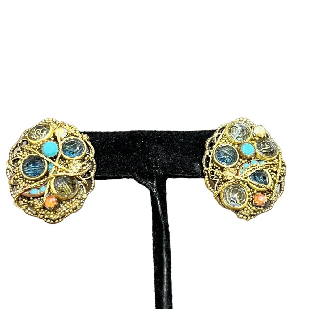VINTAGE BLUE & TURQUOISE CRYSTAL & MIXED MEDIA ARTISTIC EARRINGS